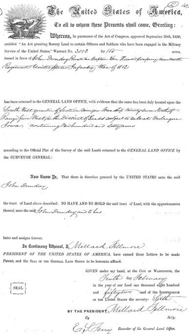 John Dunday bounty land warrant, GLO Vol 607, pg 493