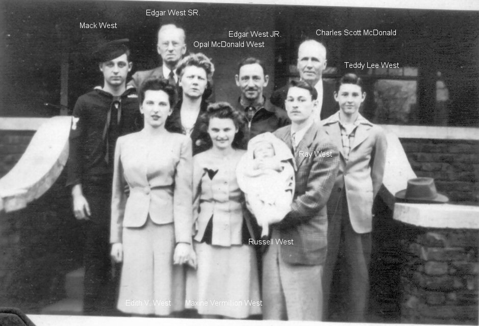 Back l-r: Mack, Edgar Sr., Opal (McDonald), Edgar Jr., Charles Scott McDonald, Teddy Lee. Front l-r: Edith V., Maxine (Vermillion), Russell, Ray (Submitted by: Steven West)