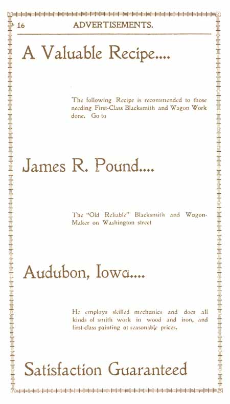 1898 Columbian Club Cookbook Advertisements James R. Pound, Blacksmith & Wagon Maker