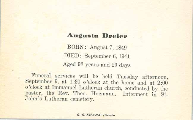 Augusta (Schalow) Dreier Funeral Card