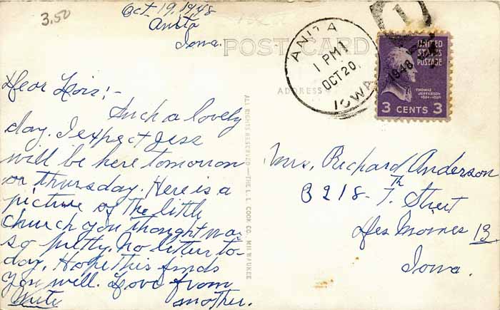 Christian Science Church, Anita, Iowa Postcard Back