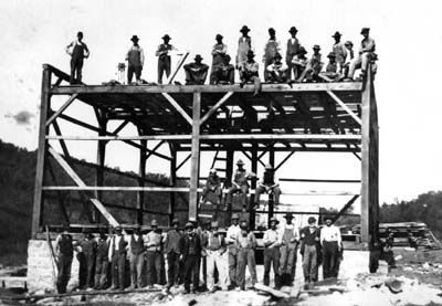 Ted Kohls and a barn-building crew