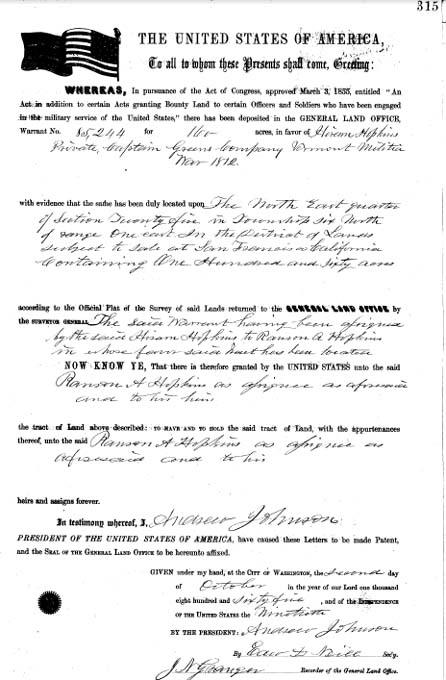 Hiram Hopkins Bounty Land Warrant