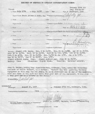 Radloff RECORD OF SERVICE IN CIVILIAN CONSERVATION CORPS