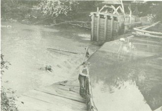 Man standing by wooden dam at Mill in Lynnville, Jasper Co., Iowa