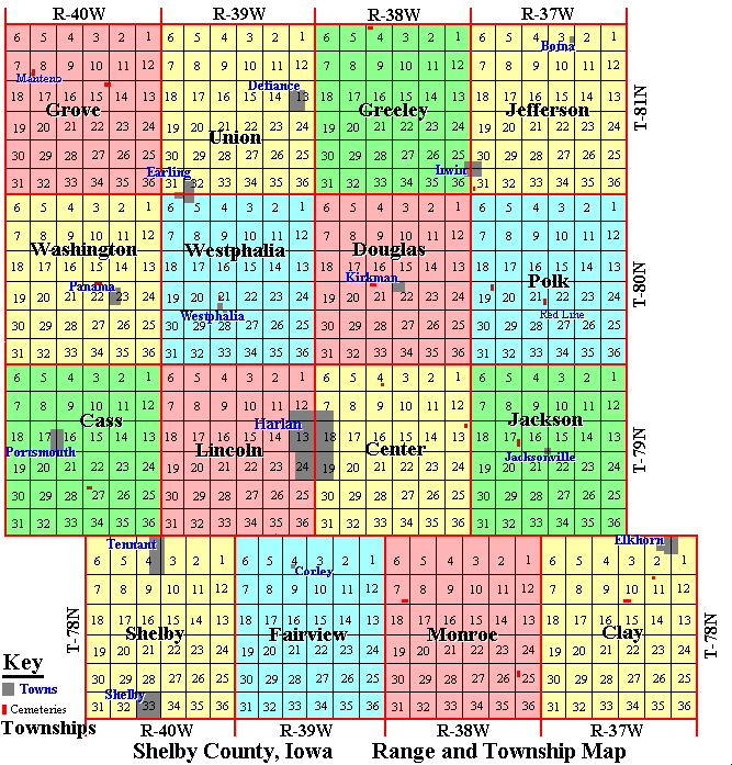 Shelby County, Iowa, Range and Township Map