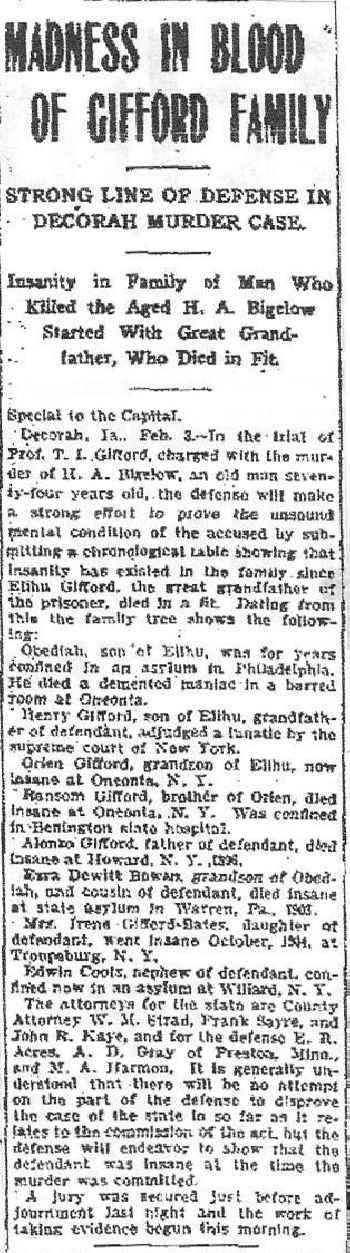 Bigelow Murder Des Moines Capital Saturday Feb. 4, 1905