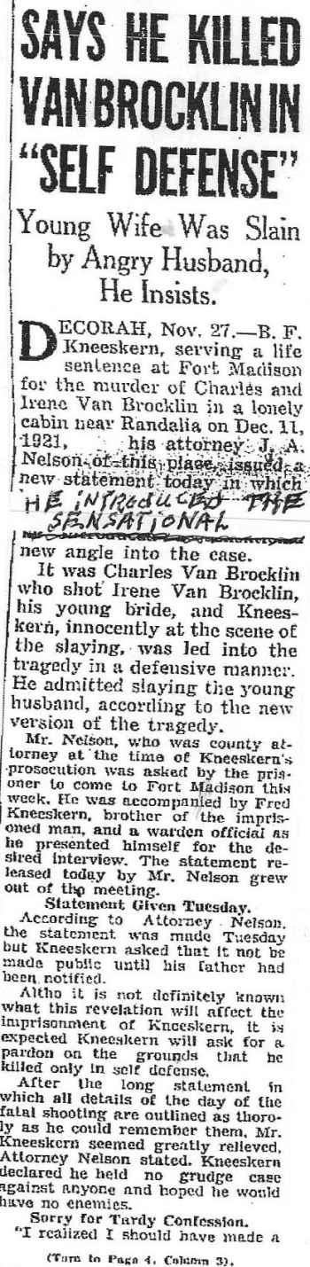 Van Brocklin Murder Mason City Globe Gazette, Mason City Iowa Thursday Nov. 27, 1930